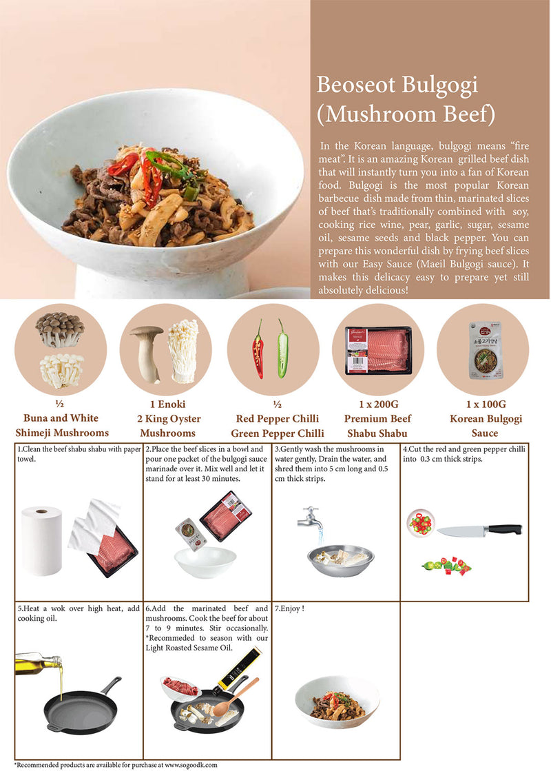Make Your Own K-Feast. Original Bulgogi & Spicy Mushroom Soup Kit 잔치 - 3 dishes (with BEEF)